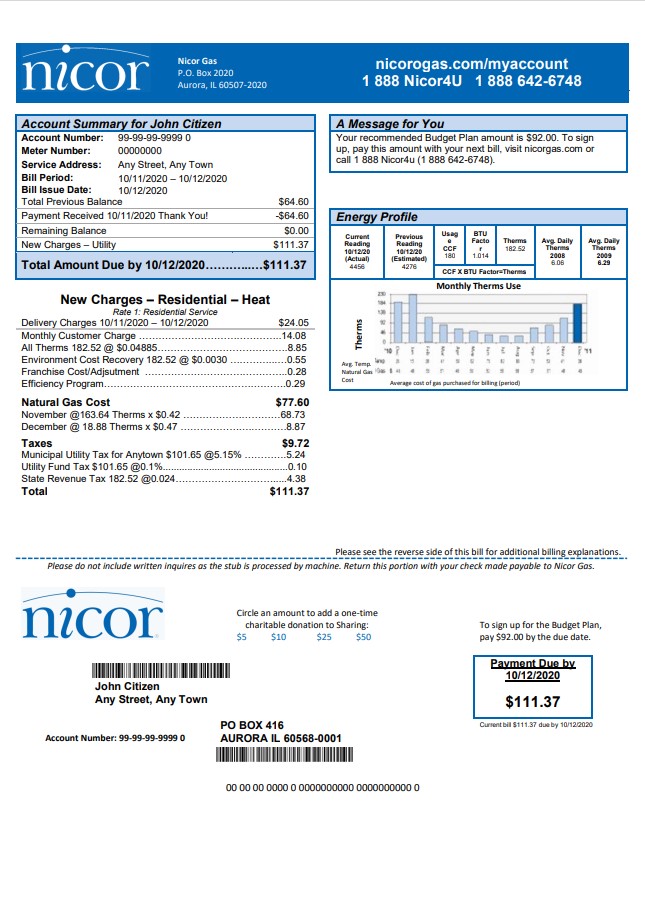 USA Illinois Nicor gas utility bill template in Word and PDF format